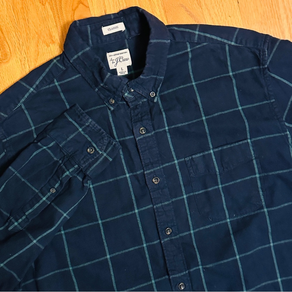 J.Crew Mens Large Brushed Twill Long Sleeve  Shirt Square Plaid Navy Classic Fit